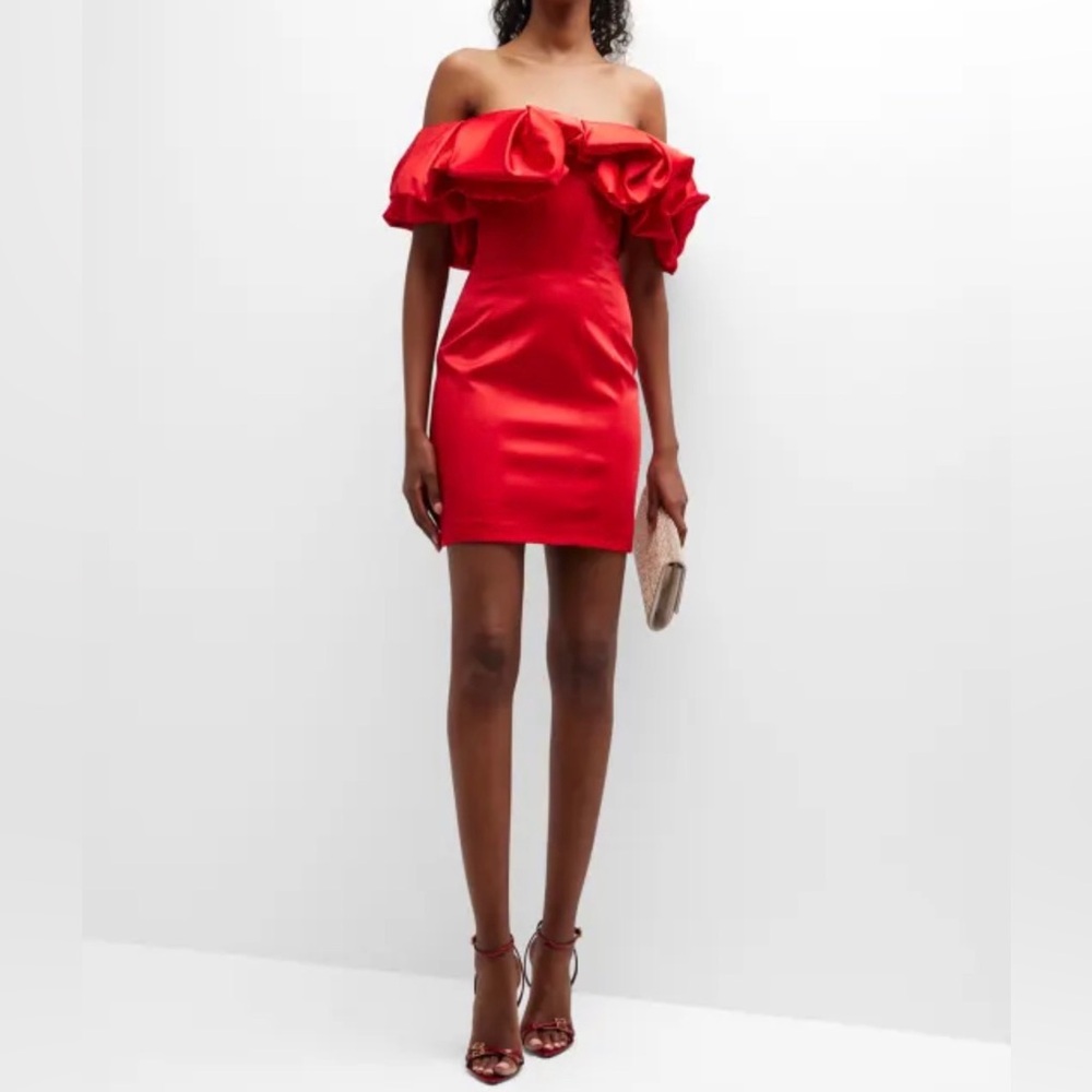 Mini Red satin dress with ruffle sleeve